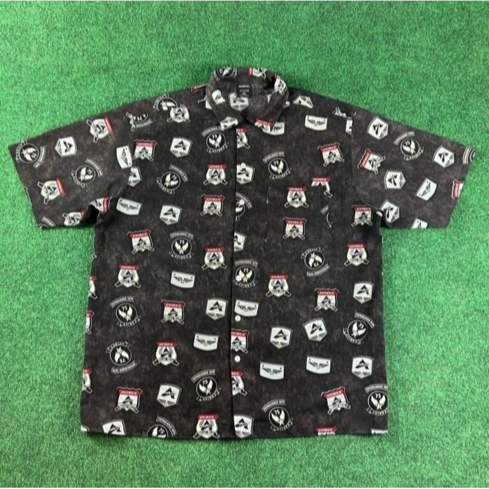 Avirex Black Logo Print Short Sleeve Button Up Shirt Mens Size XL